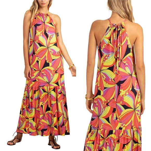 Trina Turk La Concha Halter Abstract Retro Eclectic Floral Maxi Dress Size L NWT - Picture 1 of 11